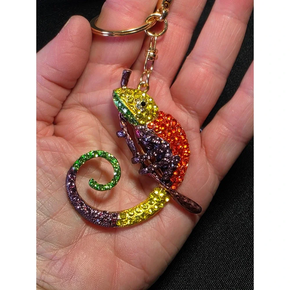 Rhinestone Chameleon Keychain Rainbow Gem Encrusted Bag Charm Rose Gold Tone